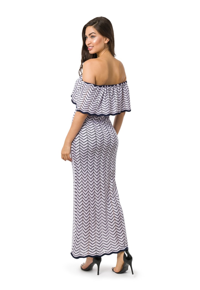 Vestido Longo de Tricot Para Gestante Ombro a Ombro Listras e Lurex Feminino Azul Marinho/Lilás