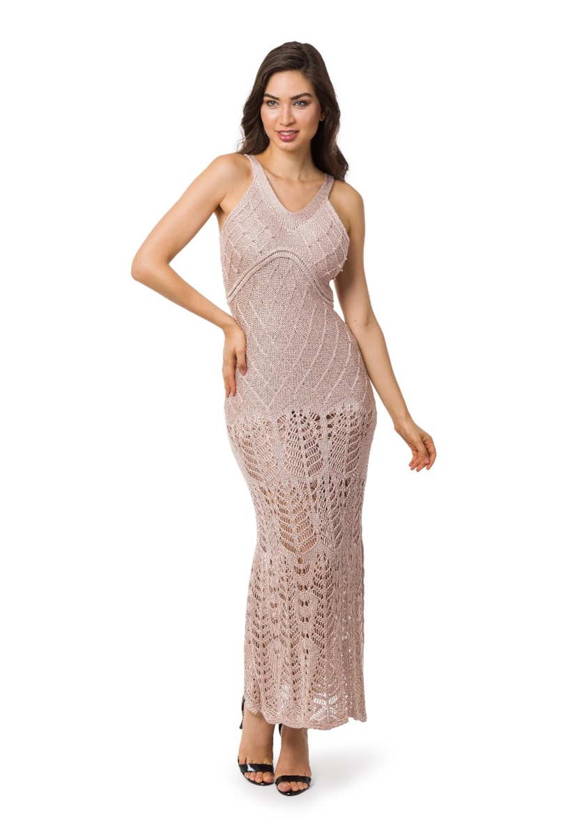 Vestido Longo de Tricot Para Gestante Rendado com Pérolas Feminino Nude