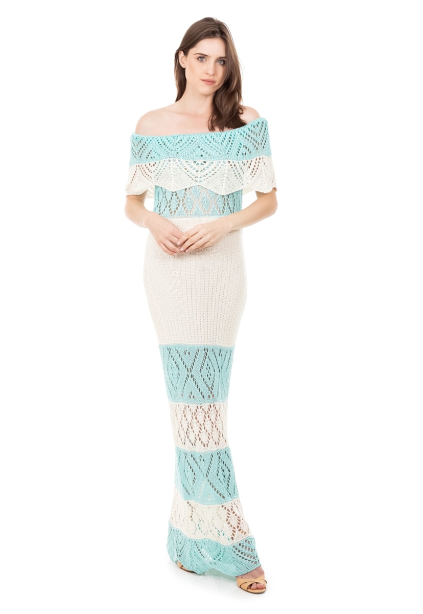Vestido Longo de Tricot Para Gestantes Com Renda Ombro a Ombro Pala Listrado Feminino Azul Claro com Off