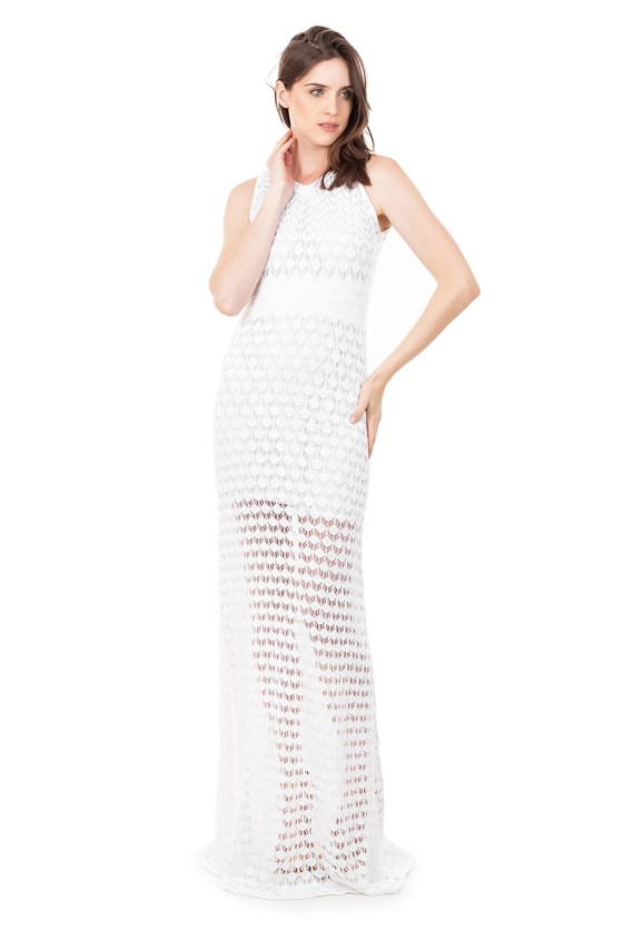 Vestido Longo de Tricot Para Gestantes Com Renda Rodado Feminino Branco