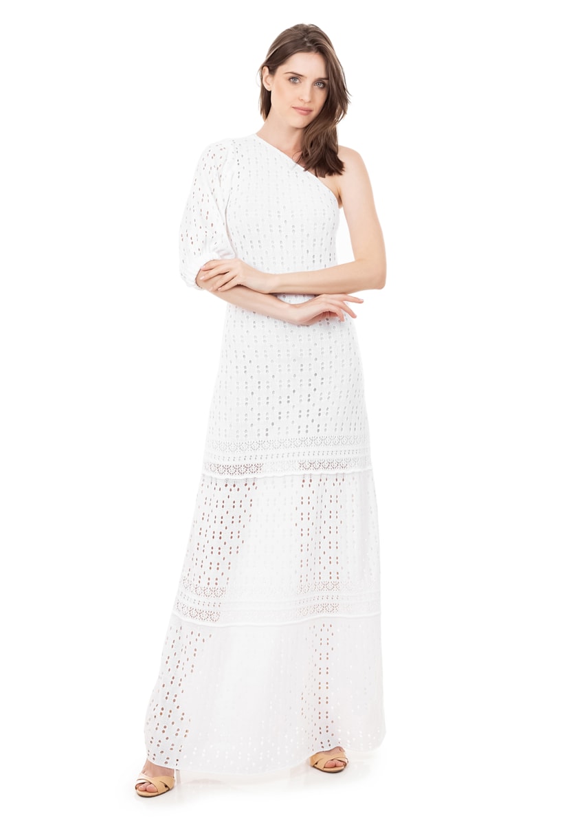 Vestido Longo de Tricot Para Gestantes Com Renda Rodado Ombro Único e Manga Bufante Branco