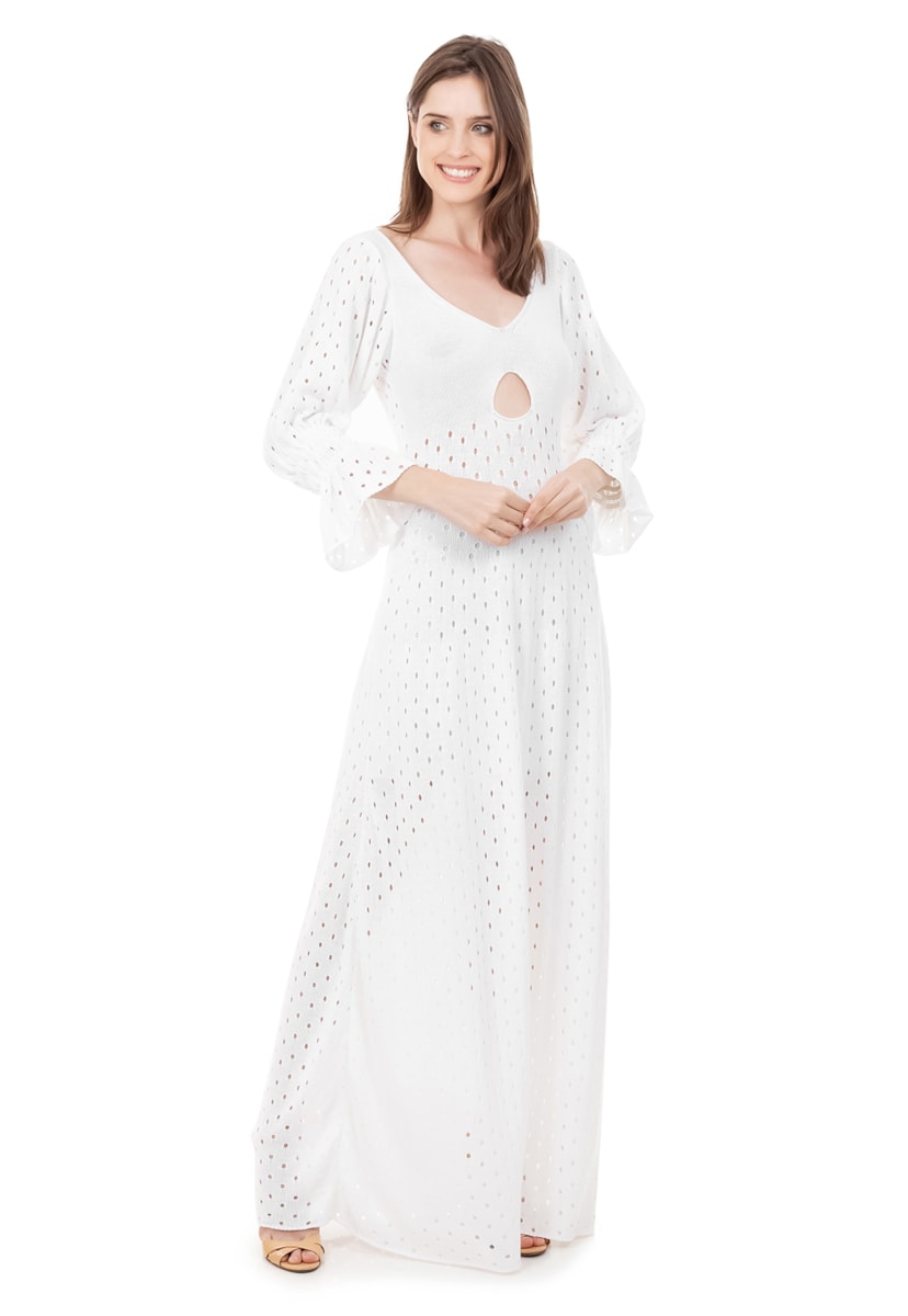 Vestido Longo de Tricot Para Gestantes Rodado com Manga Bufante Feminino Branco