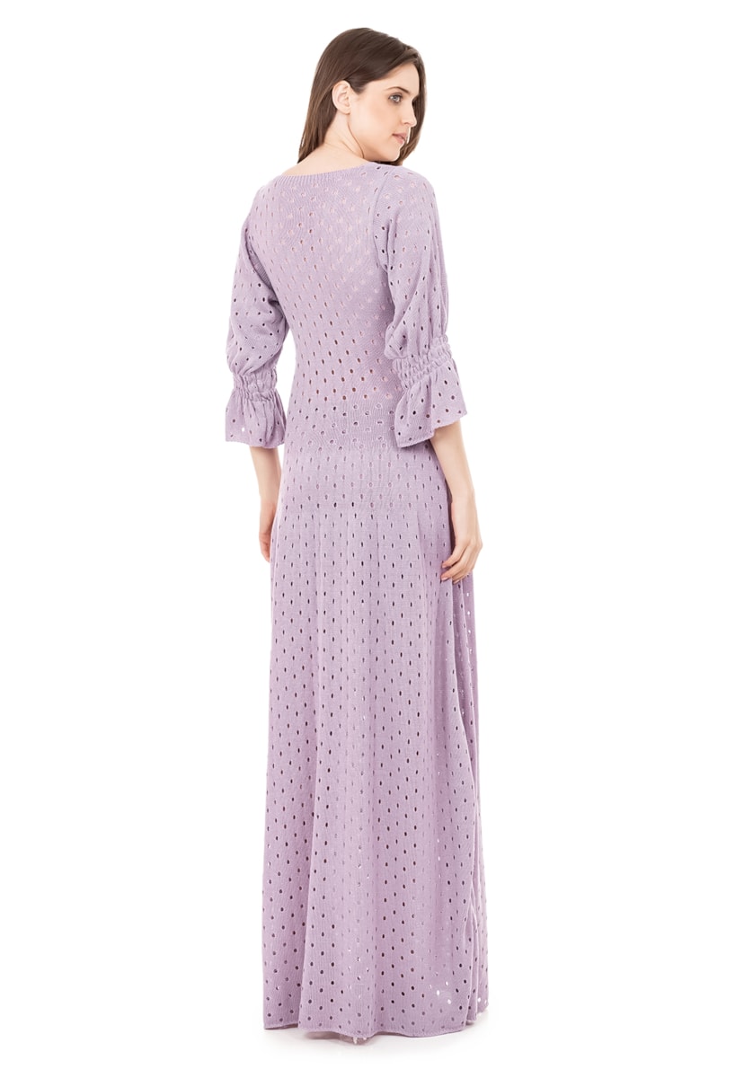 Vestido Longo de Tricot Para Gestantes Rodado com Manga Bufante Feminino Lilás