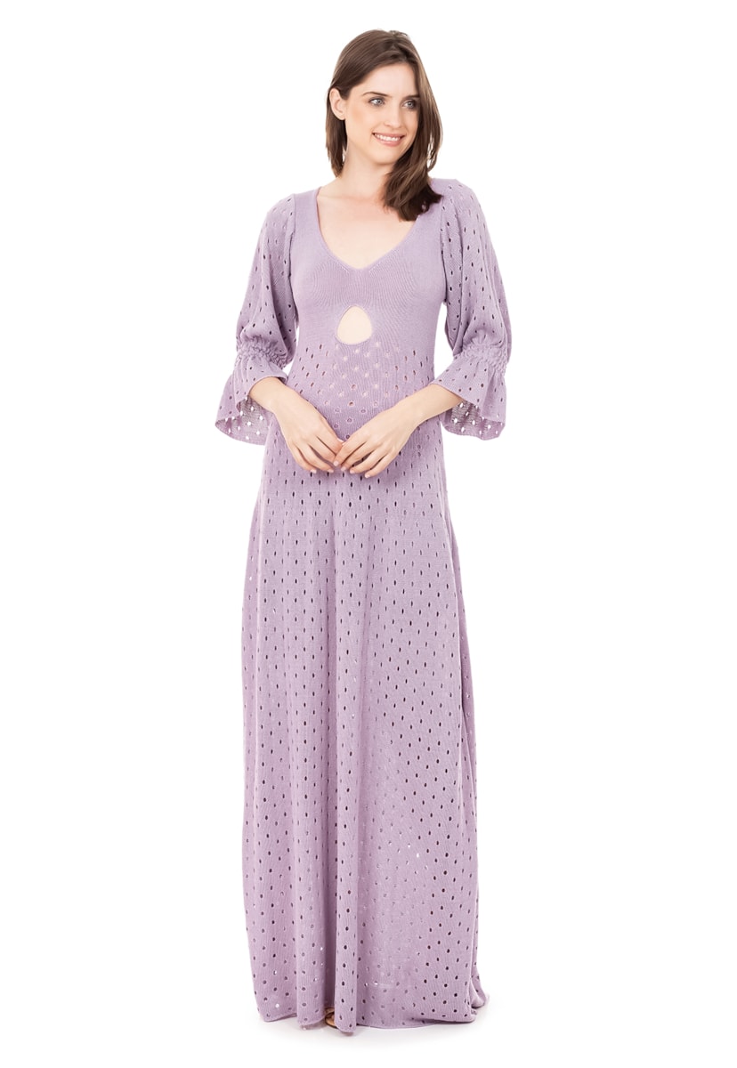 Vestido Longo de Tricot Para Gestantes Rodado com Manga Bufante Feminino Lilás
