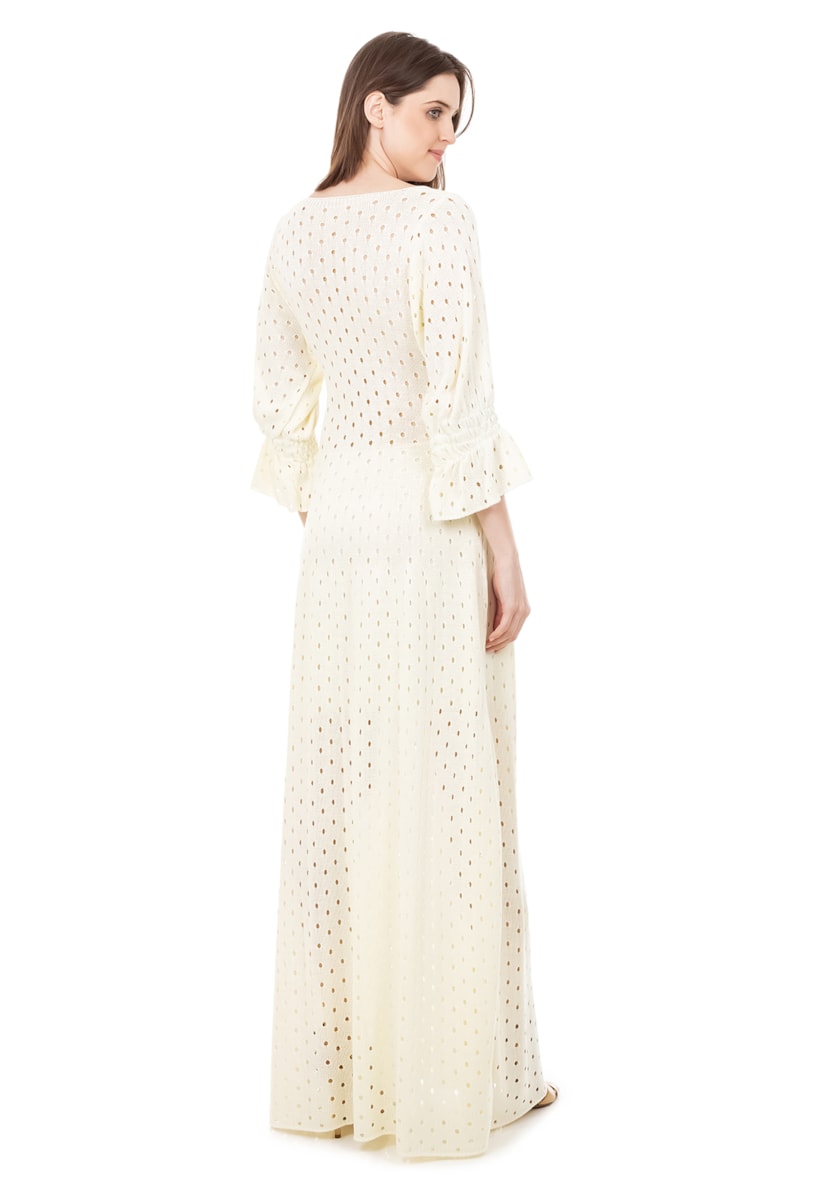Vestido Longo de Tricot Para Gestantes Rodado com Manga Bufante Feminino Off White