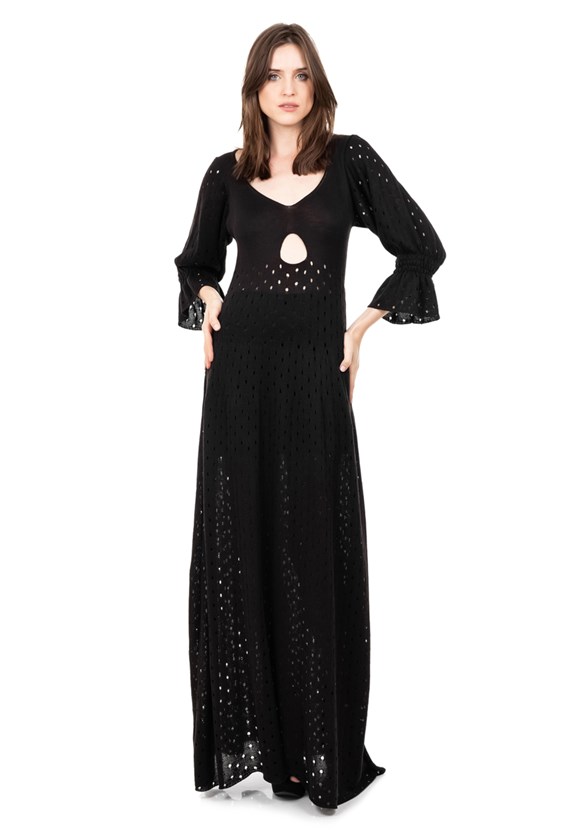 Vestido Longo de Tricot Para Gestantes Rodado com Manga Bufante Feminino Preto