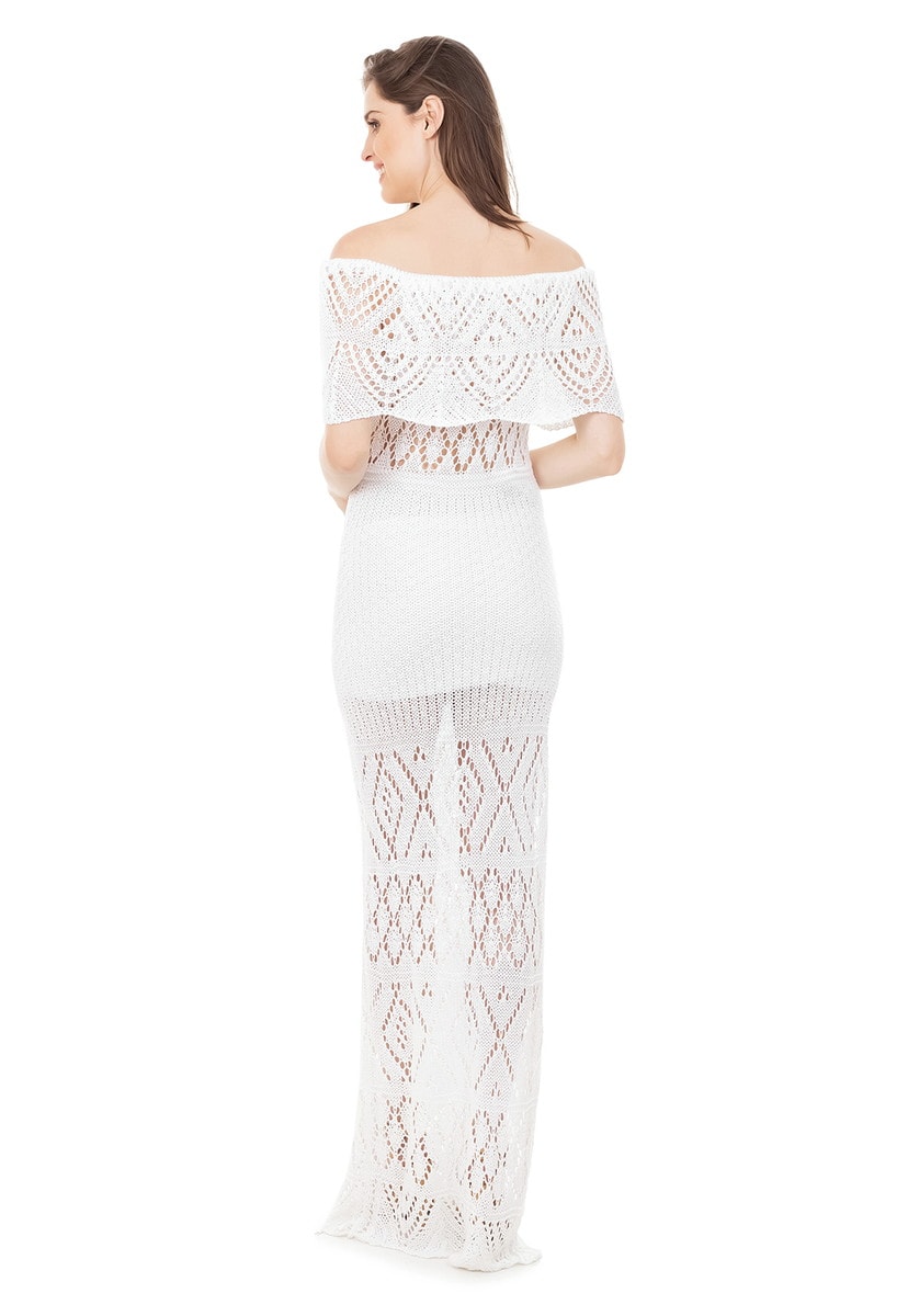 Vestido Longo de Tricot Renda Ombro a Ombro Pala Feminino Branco