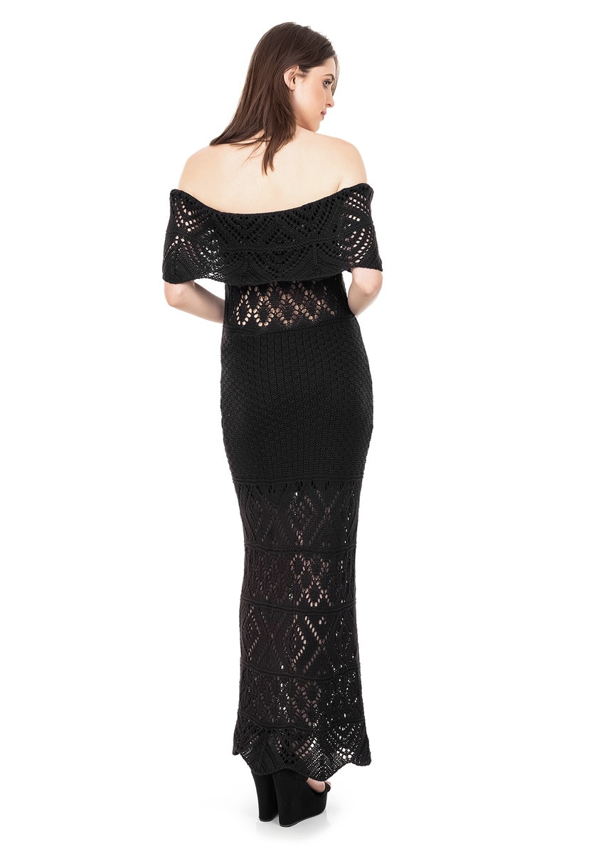 Vestido Longo de Tricot Renda Ombro a Ombro Pala Feminino Preto