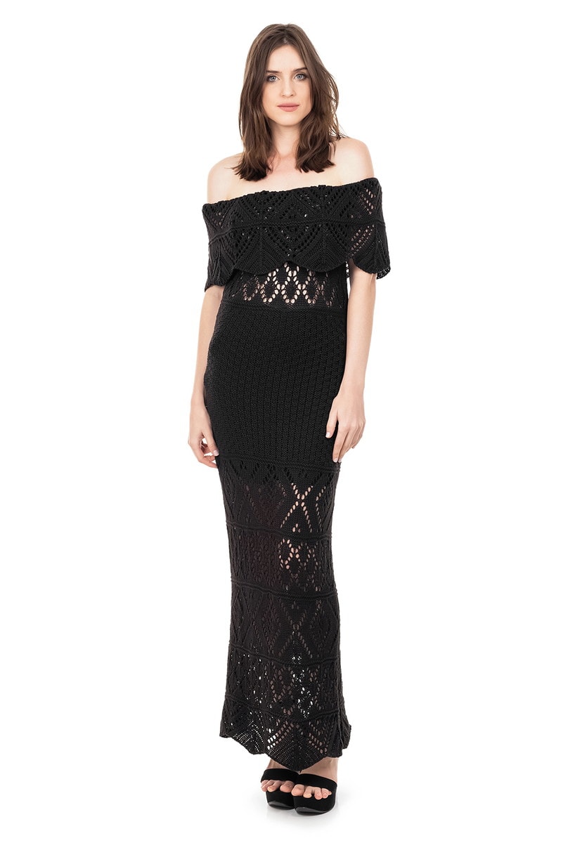 Vestido Longo de Tricot Renda Ombro a Ombro Pala Feminino Preto