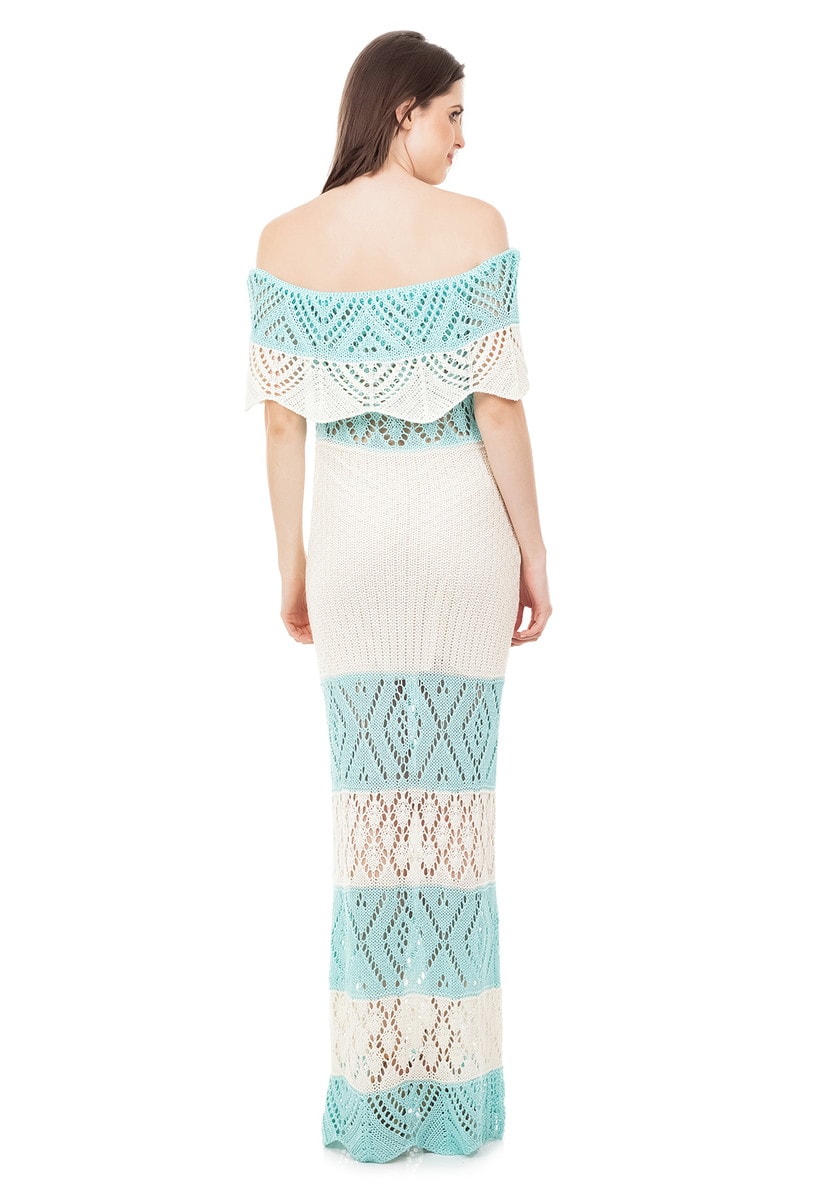 Vestido Longo de Tricot Renda Ombro a Ombro Pala Listrado Feminino Azul Claro com Off