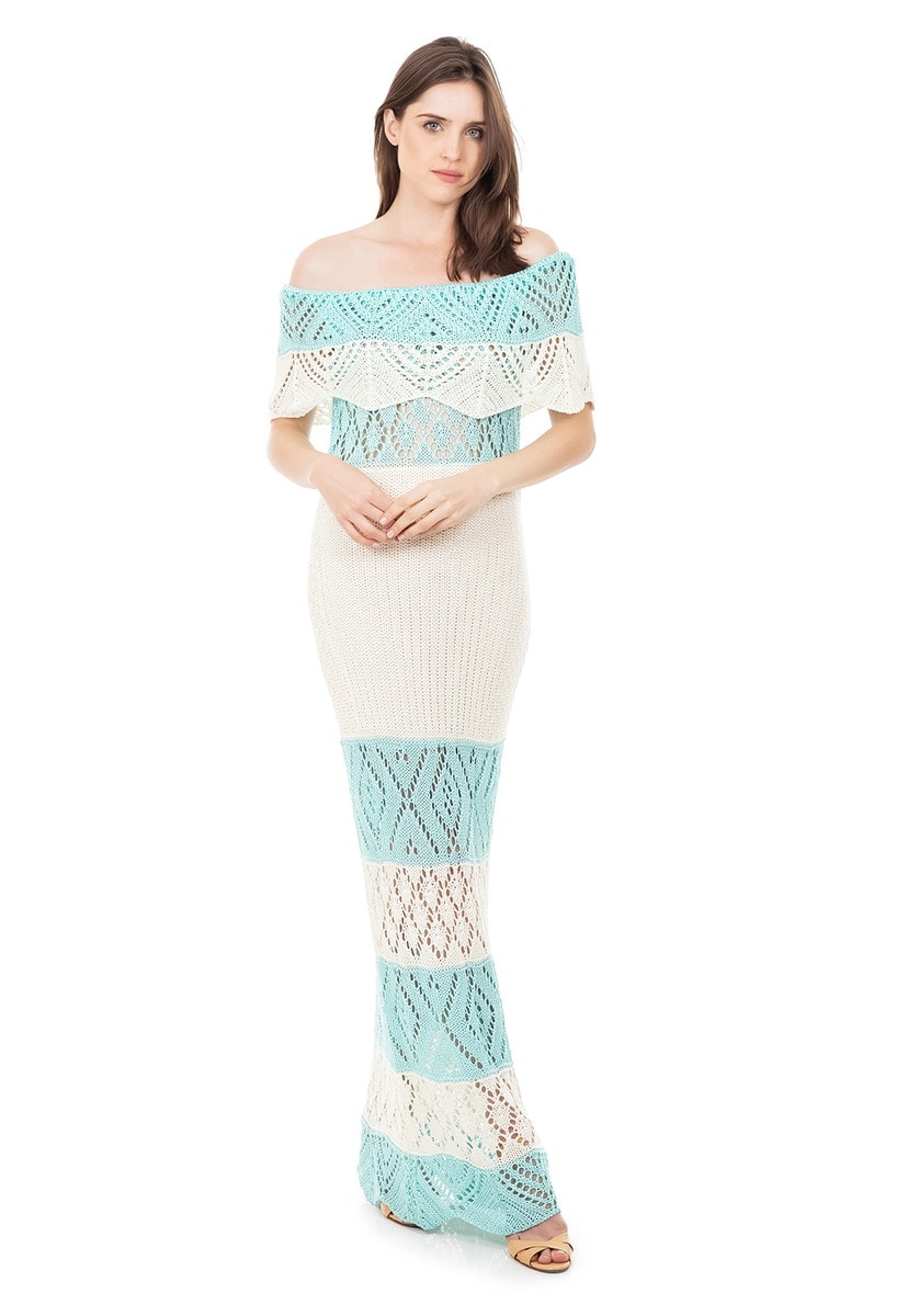 Vestido Longo de Tricot Renda Ombro a Ombro Pala Listrado Feminino Azul Claro com Off