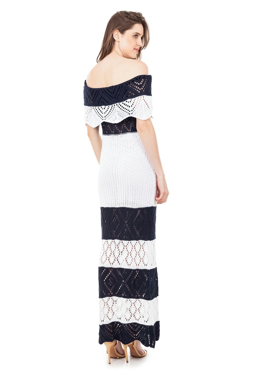 Vestido Longo de Tricot Renda Ombro a Ombro Pala Listrado Feminino Azul Marinho com Branco