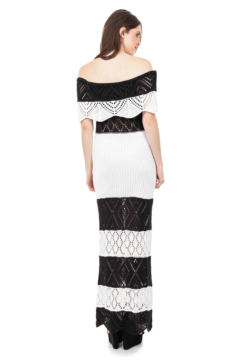 Vestido Longo de Tricot Renda Ombro a Ombro Pala Listrado Feminino Preto com Branco