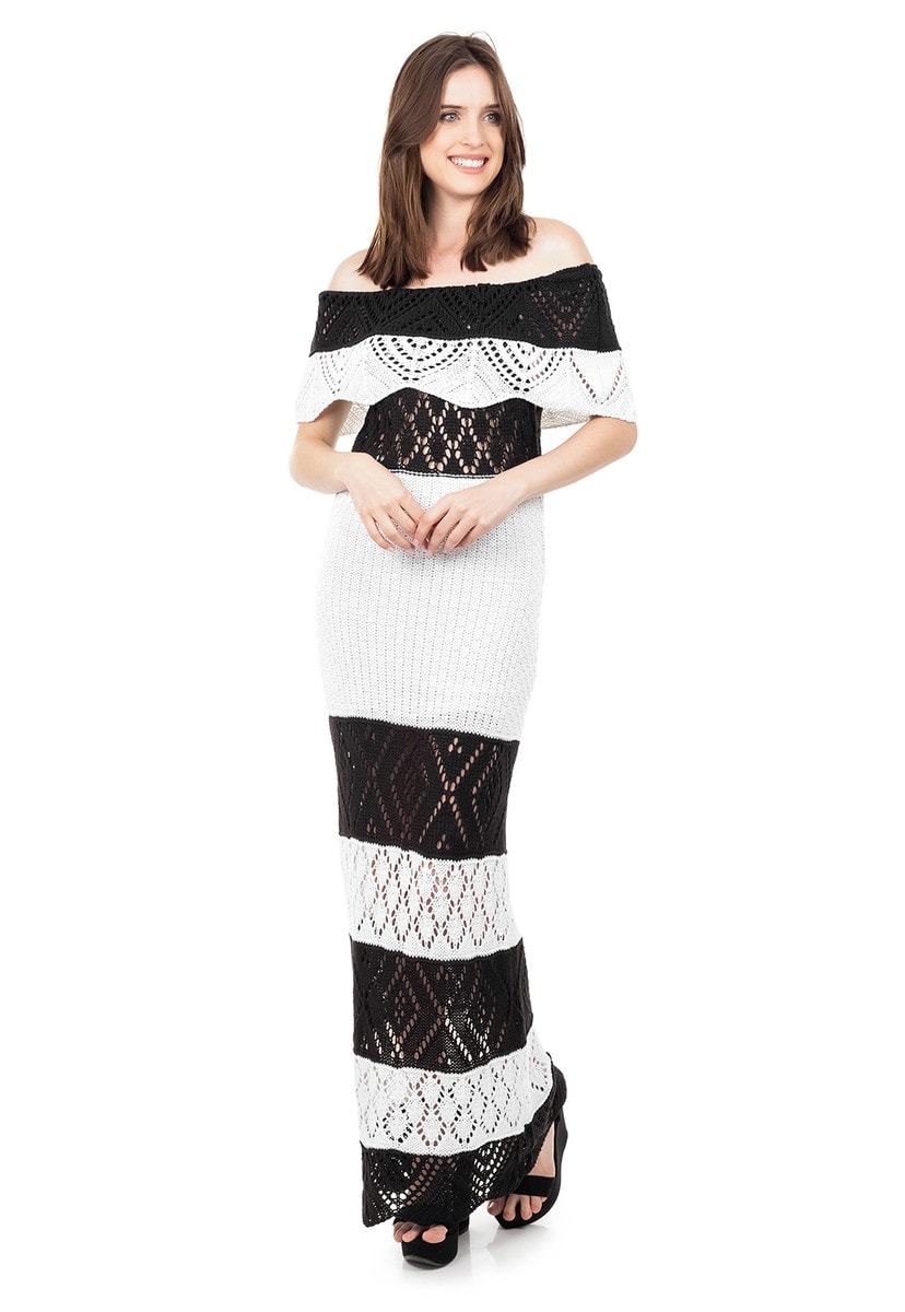 Vestido Longo de Tricot Renda Ombro a Ombro Pala Listrado Feminino Preto com Branco