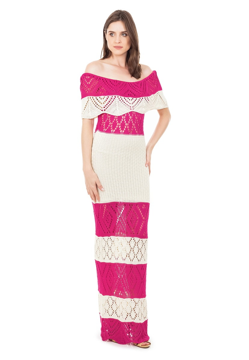 Vestido Longo de Tricot Renda Ombro a Ombro Pala Listrado Feminino Rosa com Off