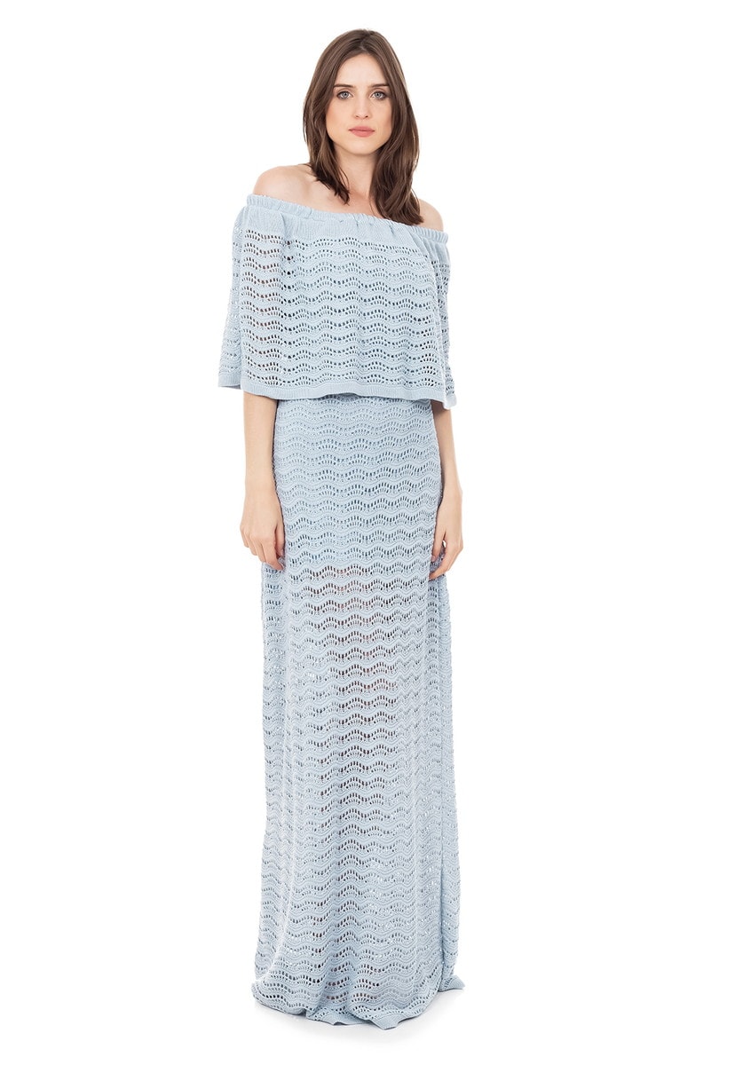 Vestido Longo de Tricot Renda Pala Ombro a Ombro Feminino Azul Claro
