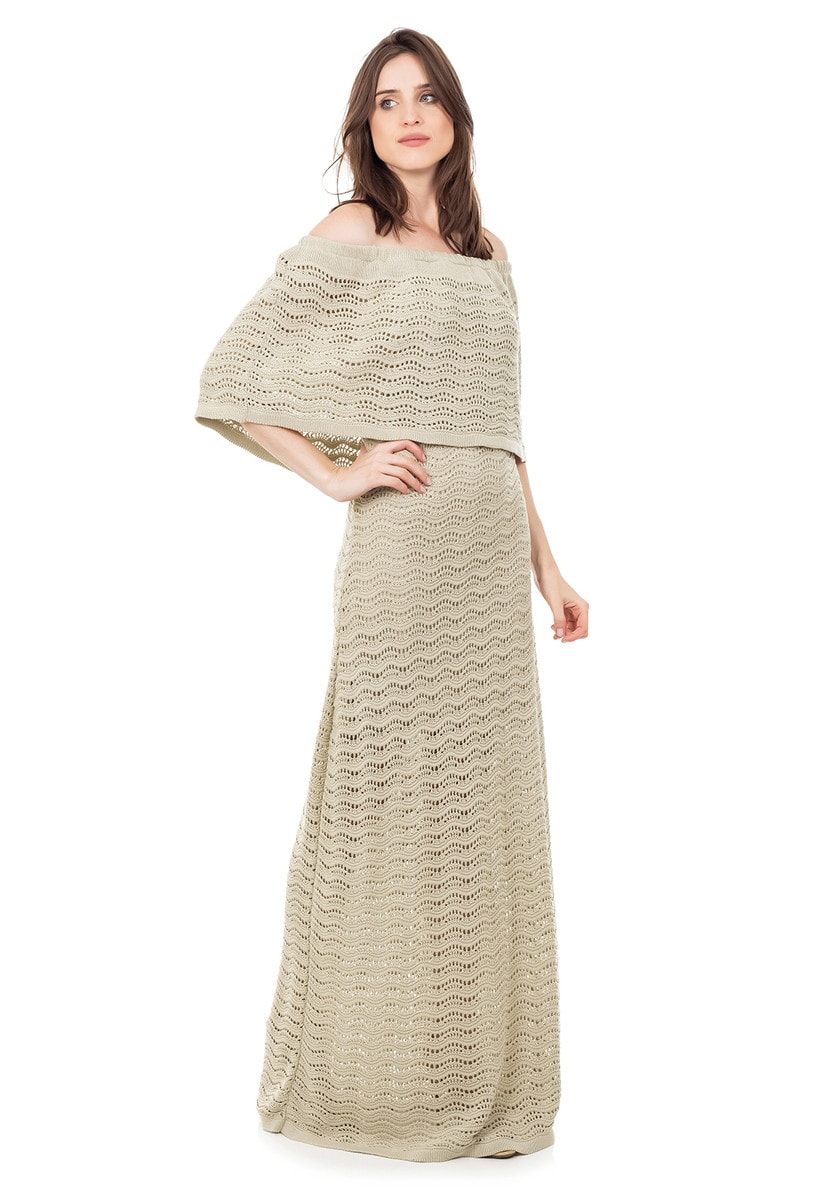 Vestido Longo de Tricot Renda Pala Ombro a Ombro Feminino Bege