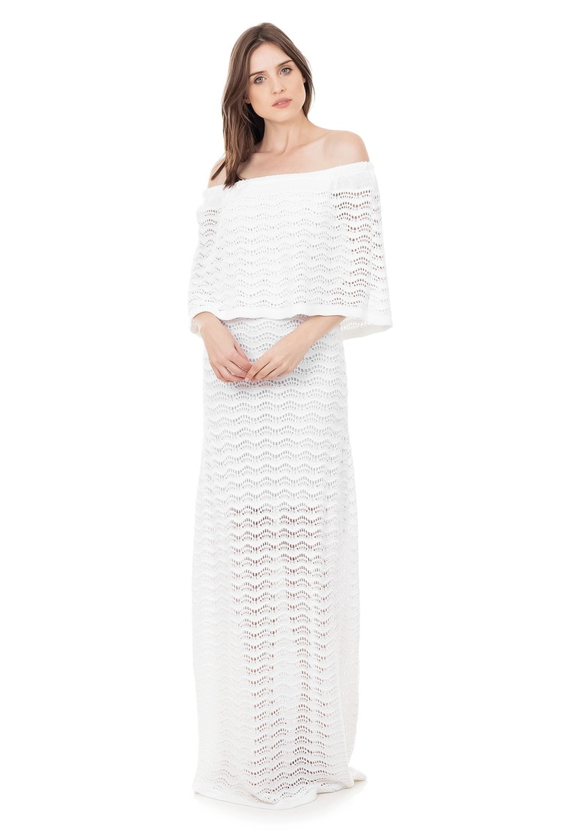 Vestido Longo de Tricot Renda Pala Ombro a Ombro Feminino Branco