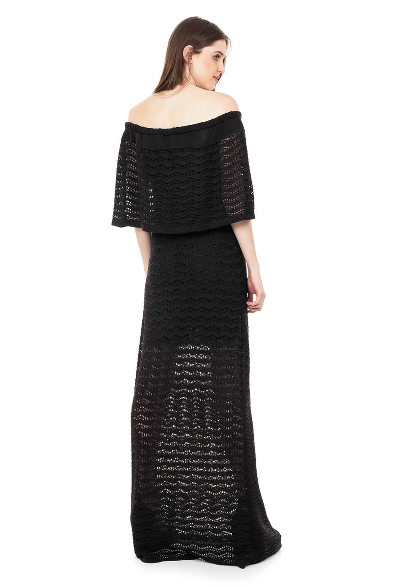 Vestido Longo de Tricot Renda Pala Ombro a Ombro Feminino Preto