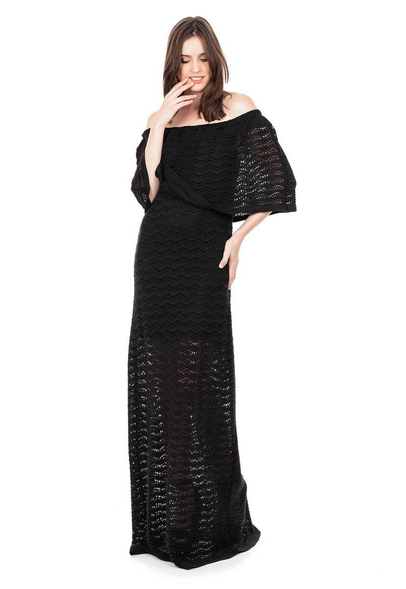 Vestido Longo de Tricot Renda Pala Ombro a Ombro Feminino Preto
