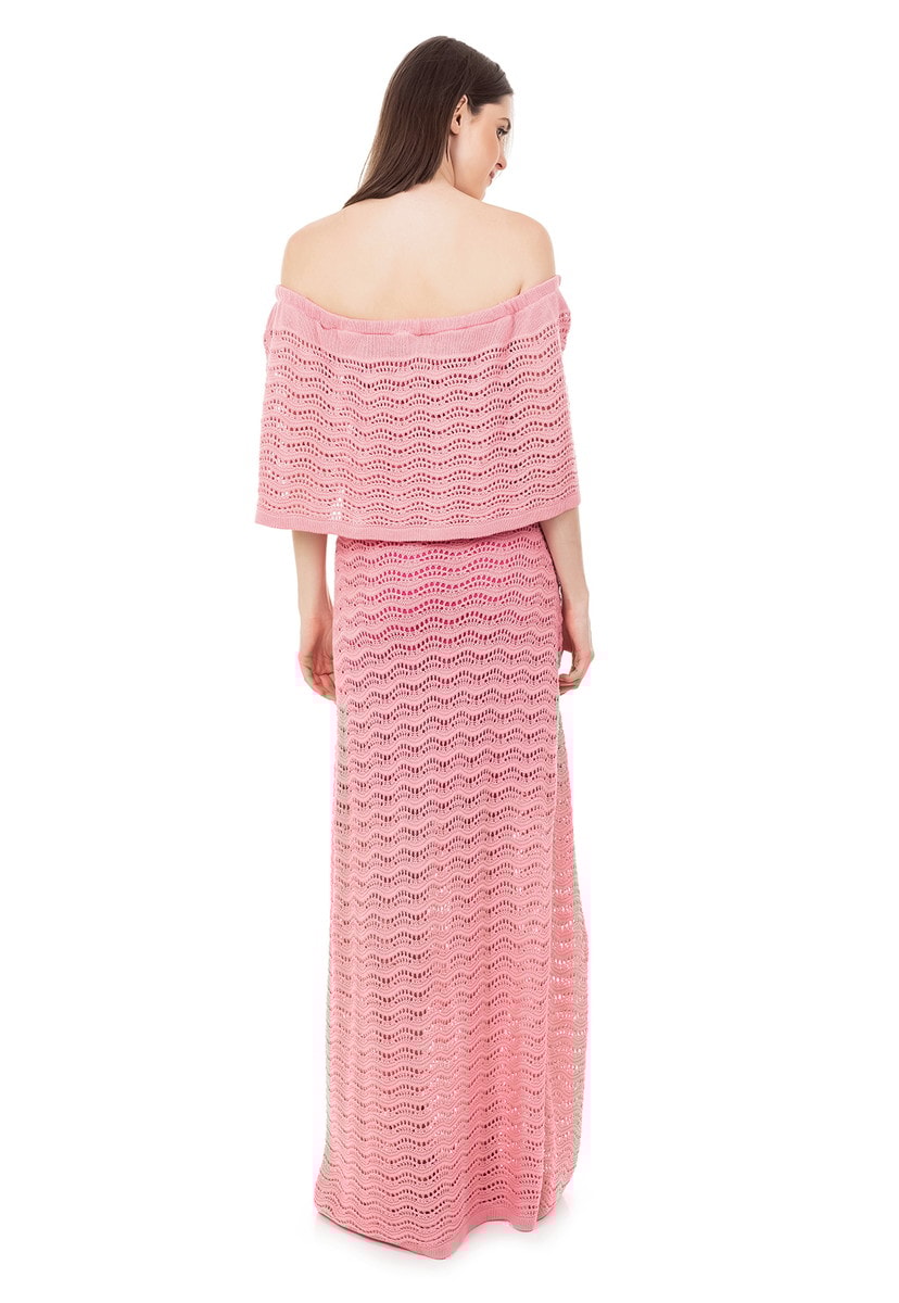 Vestido Longo de Tricot Renda Pala Ombro a Ombro Feminino Rosa Claro