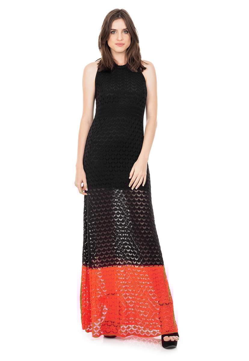 Vestido Longo de Tricot Renda Rodado com Listra na Barra Feminino Preto com Laranja