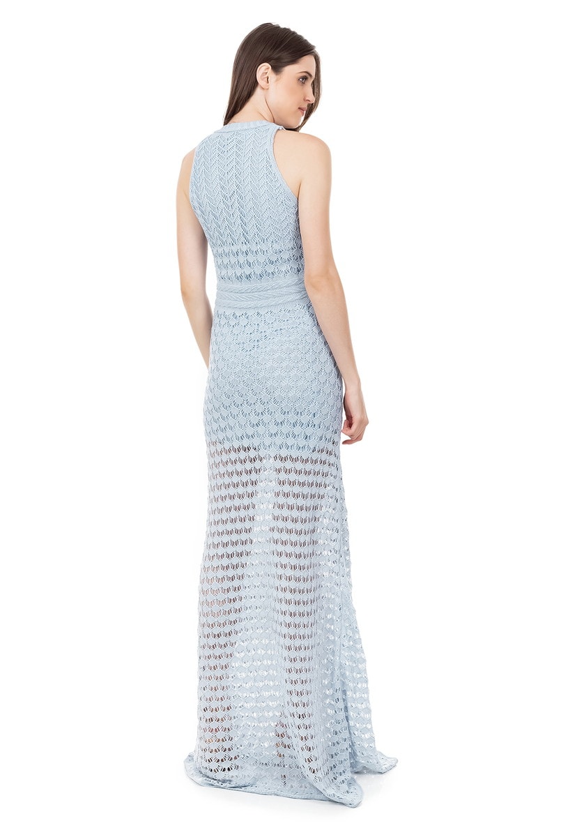 Vestido Longo de Tricot Renda Rodado Feminino Azul Claro