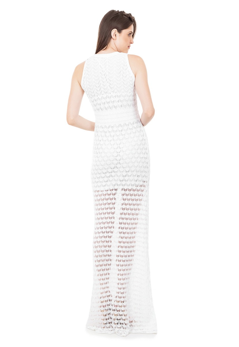 Vestido Longo de Tricot Renda Rodado Feminino Branco