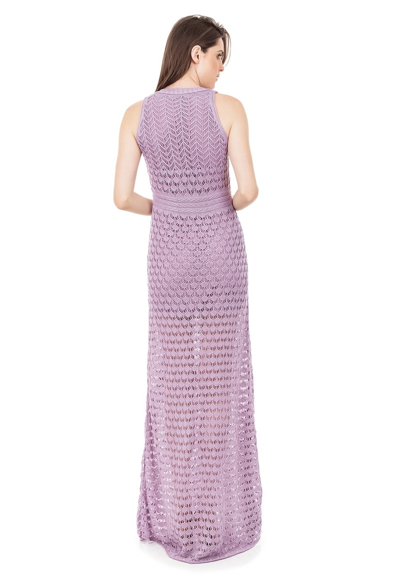 Vestido Longo de Tricot Renda Rodado Feminino Lilás