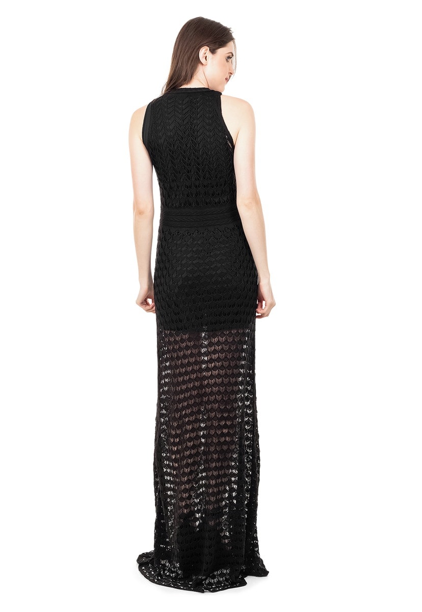 Vestido Longo de Tricot Renda Rodado Feminino Preto