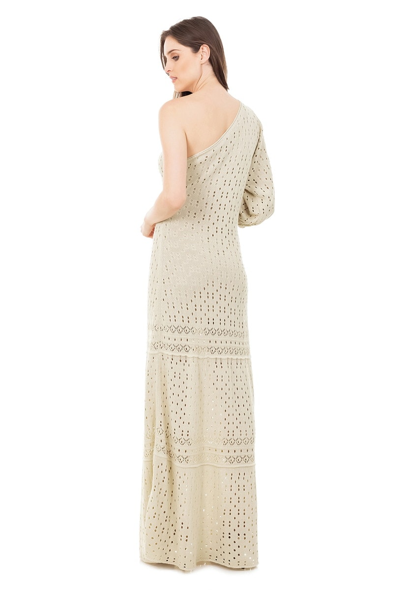 Vestido Longo de Tricot Renda Rodado Ombro Único e Manga Bufante Bege
