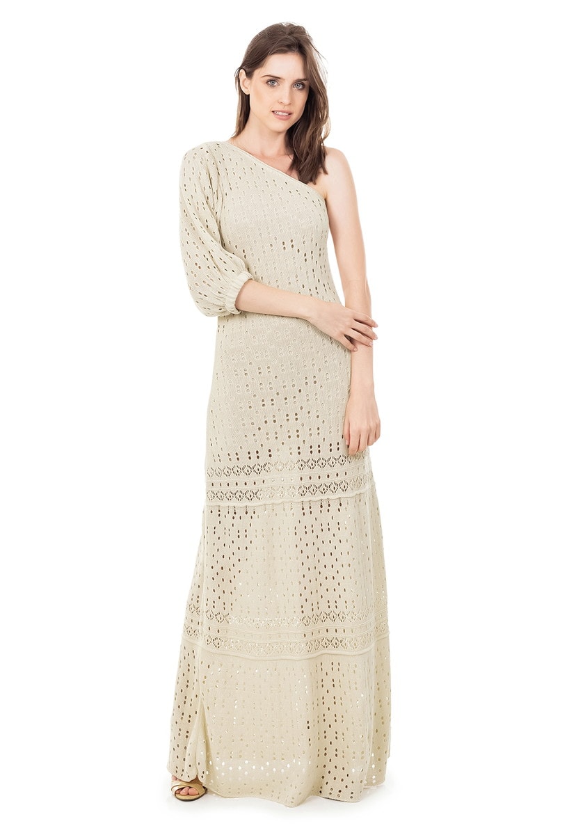 Vestido Longo de Tricot Renda Rodado Ombro Único e Manga Bufante Bege