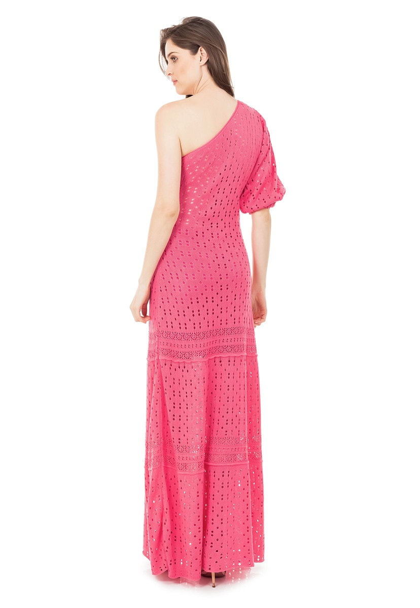 Vestido Longo de Tricot Renda Rodado Ombro Único e Manga Bufante Rosa