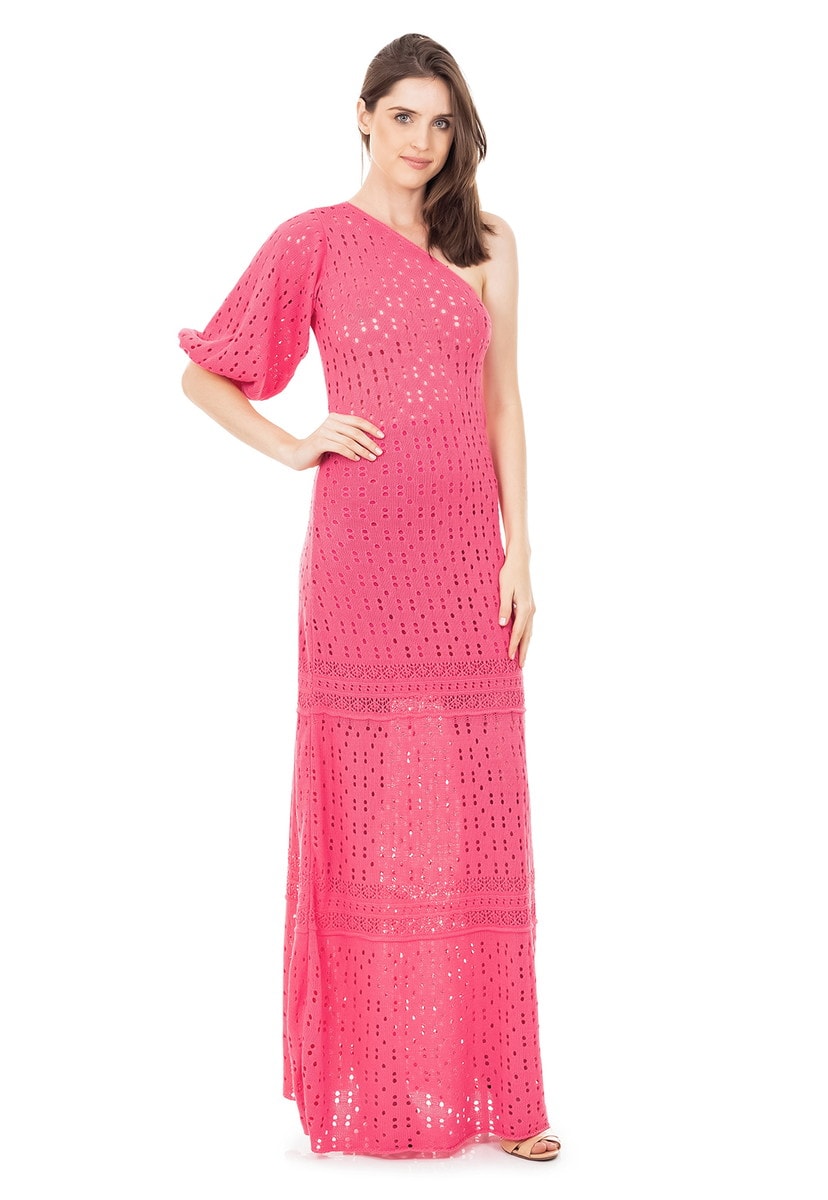 Vestido Longo de Tricot Renda Rodado Ombro Único e Manga Bufante Rosa