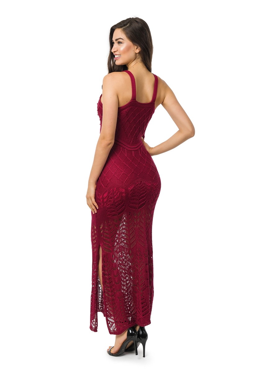 Vestido Longo de Tricot Rendado com Pérolas tricô com Fenda Feminino Bordô