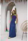 Vestido Longo de Tricot Rendado Frente Única Feminino Azul