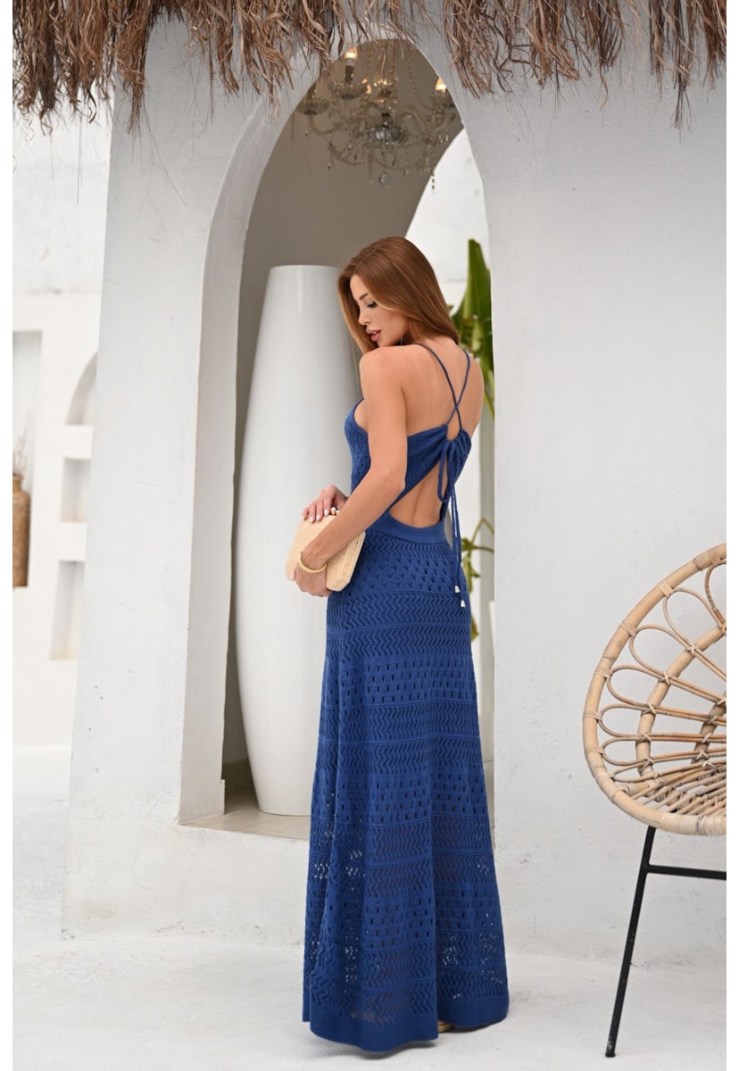 Vestido Longo de Tricot Rendado Frente Única Feminino Azul
