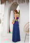 Vestido Longo de Tricot Rendado Frente Única Feminino Azul