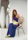 Vestido Longo de Tricot Rendado Frente Única Feminino Azul