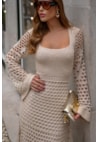 Vestido Longo de Tricot Rendado Manga Longa Bella Off White