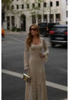Vestido Longo de Tricot Rendado Manga Longa Bella Off White