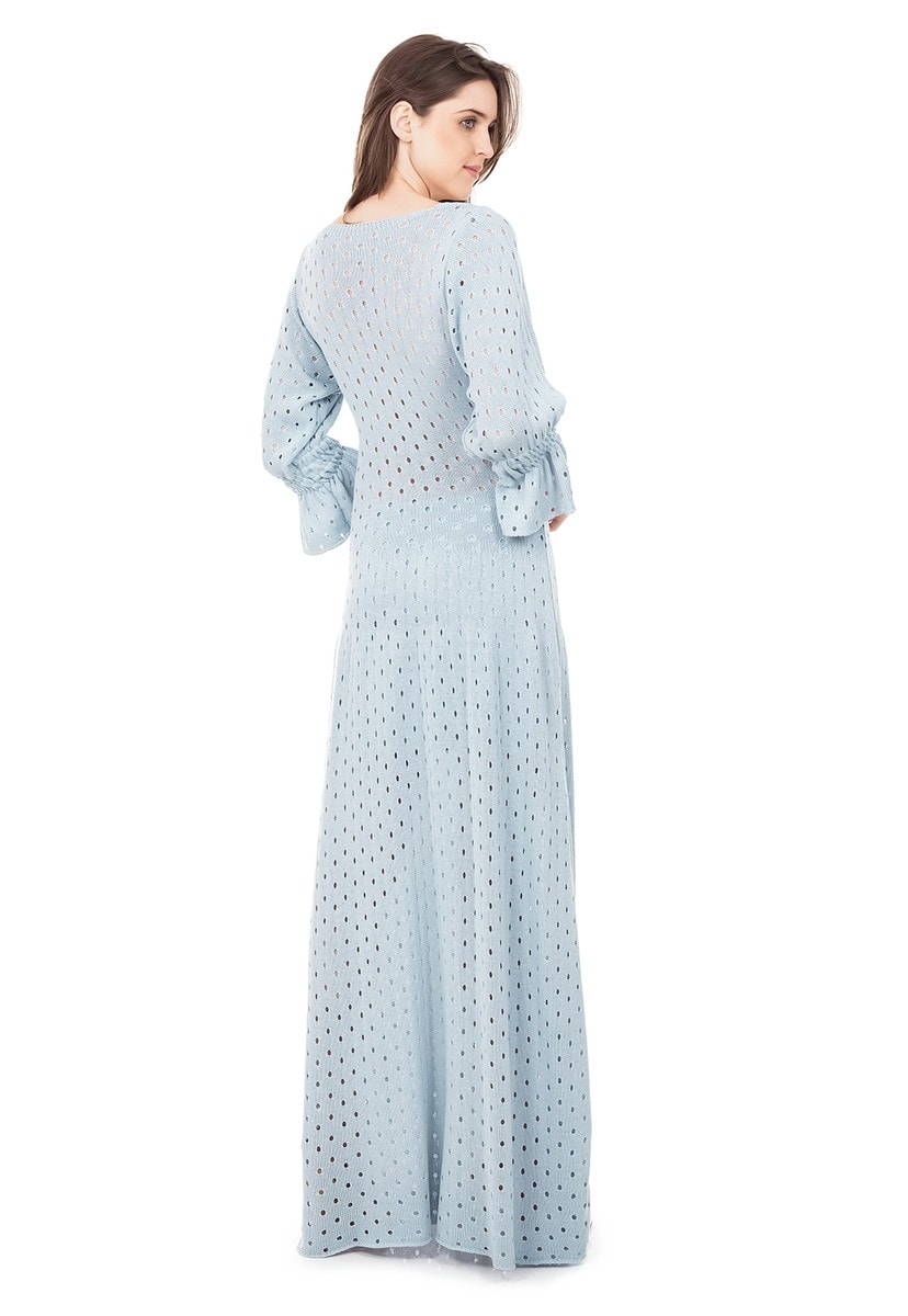 Vestido Longo de Tricot Rodado com Manga Bufante Feminino Azul Claro