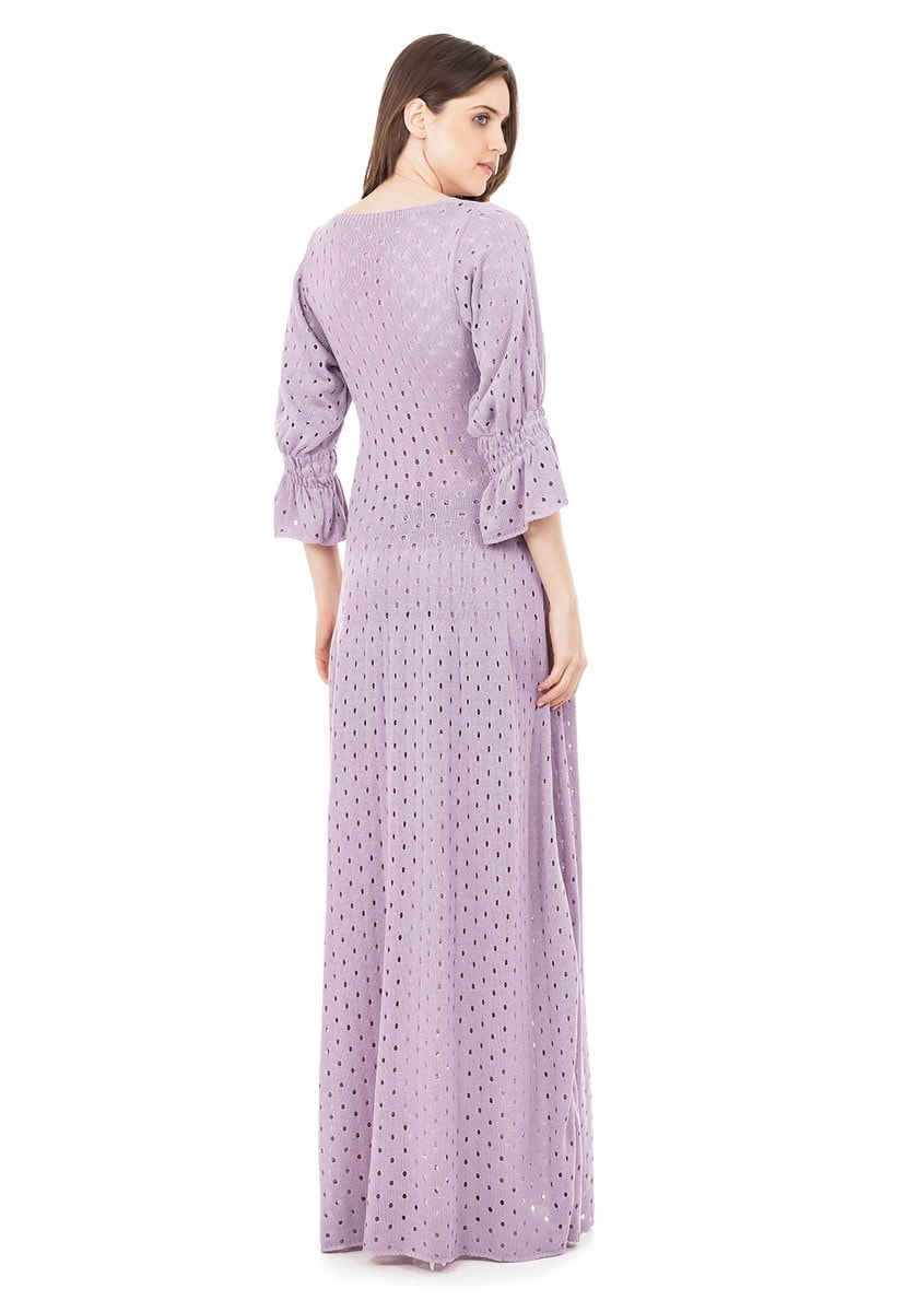 Vestido Longo de Tricot Rodado com Manga Bufante Feminino Lilás