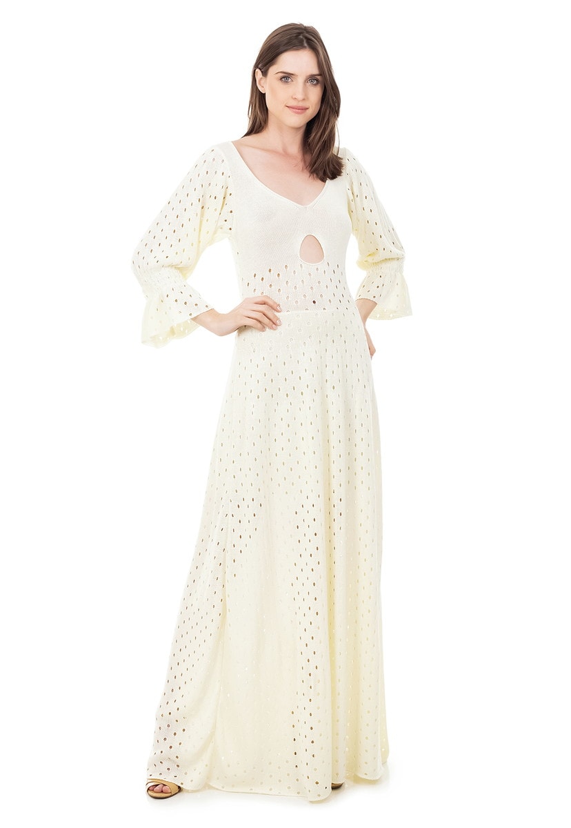 Vestido Longo de Tricot Rodado com Manga Bufante Feminino Off White