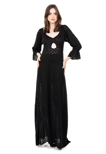 Produto Vestido Longo de Tricot Rodado com Manga Bufante Feminino Preto
