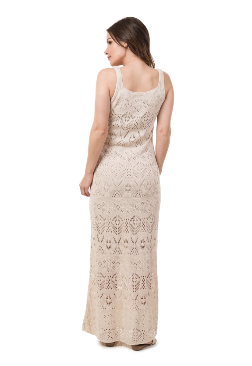 Vestido Longo Feminino Para Ensaio Pré-Wedding de Tricô Pink Tricot Rendado Bege