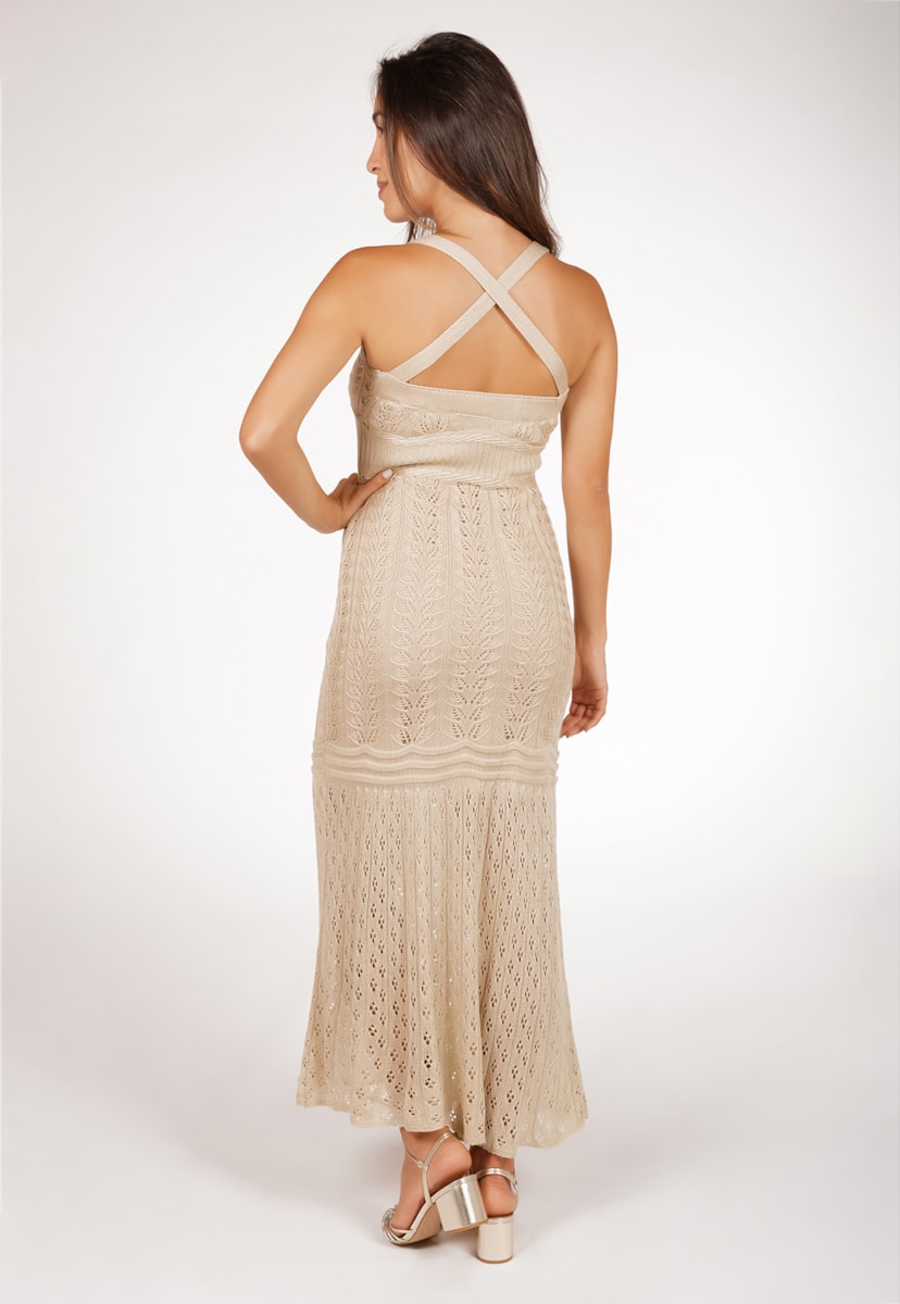 Vestido Longo Feminino Pink Tricot Para Festa De Formatura Decote V E Frente Única Com Transpassado Nas Costas Rendado De Tricô Bege