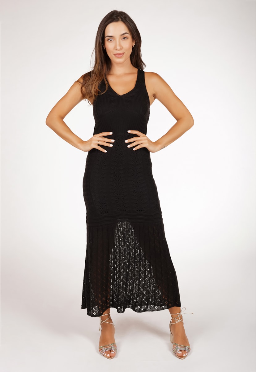 Vestido Longo Feminino Pink Tricot Para Gestante De Tricô Com Decote V E Frente Única Com Transpassado Nas Costas Rendado Preto