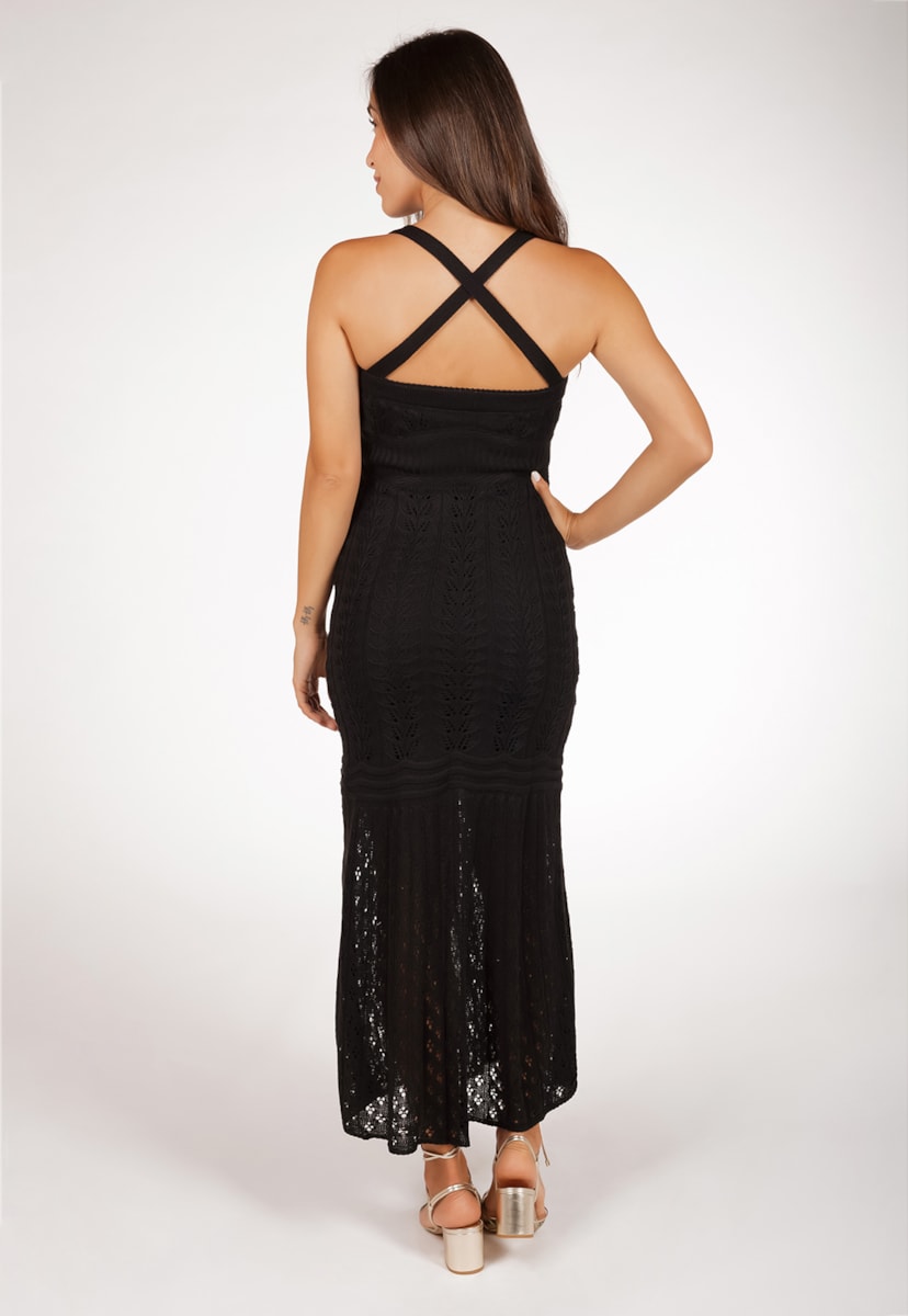 Vestido Longo Feminino Pink Tricot Para Gestante De Tricô Com Decote V E Frente Única Com Transpassado Nas Costas Rendado Preto