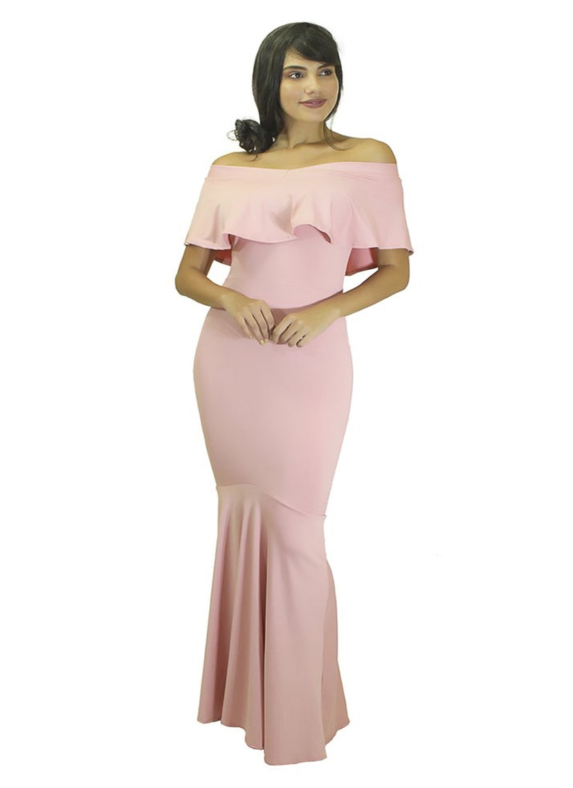 Vestido Longo Ombro a Ombro com Babado Frontal Sereia Rosa